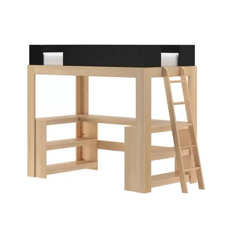 Lit mezzanine double de style Mid-Century Modern avec bureau et étagères intégrés