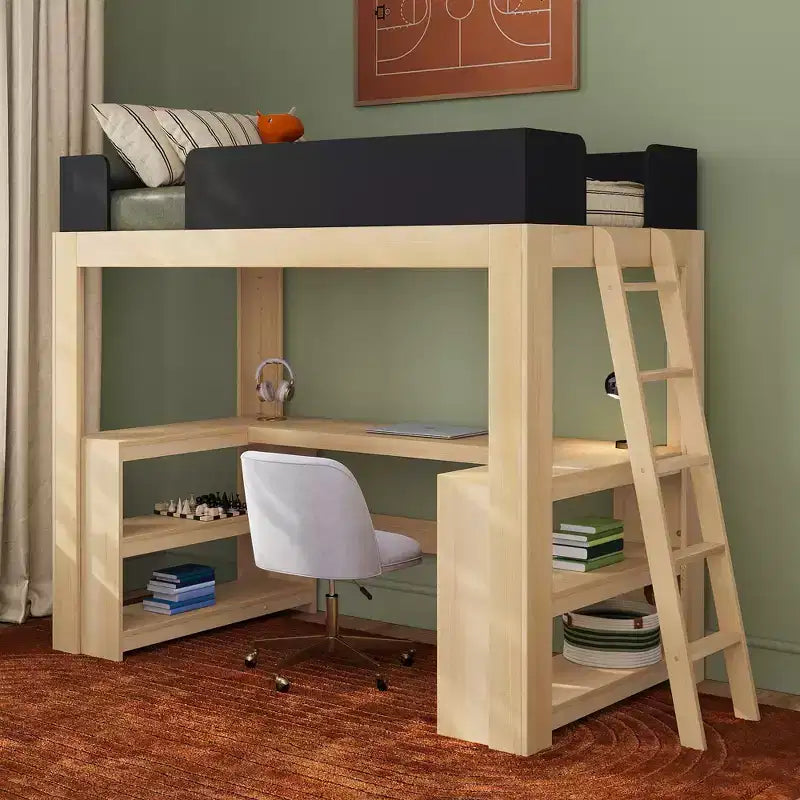 Lit mezzanine double de style Mid-Century Modern avec bureau et étagères intégrés