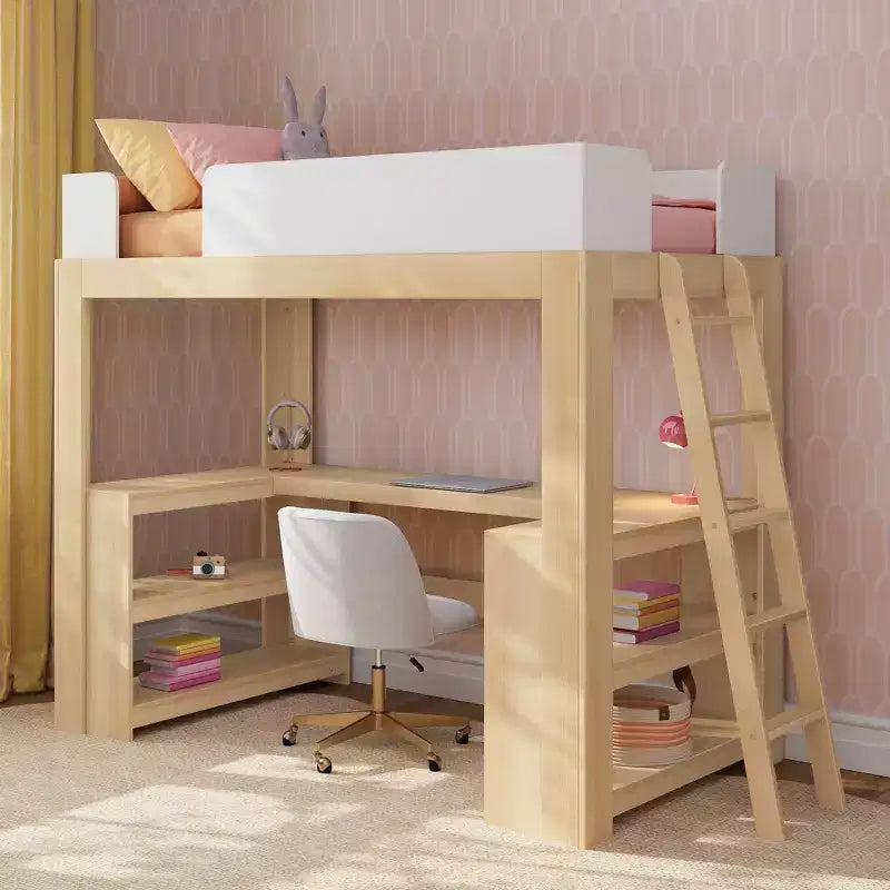 Mid-Century Modern Twin Loft Bed with Wraparound Desk and Shelves