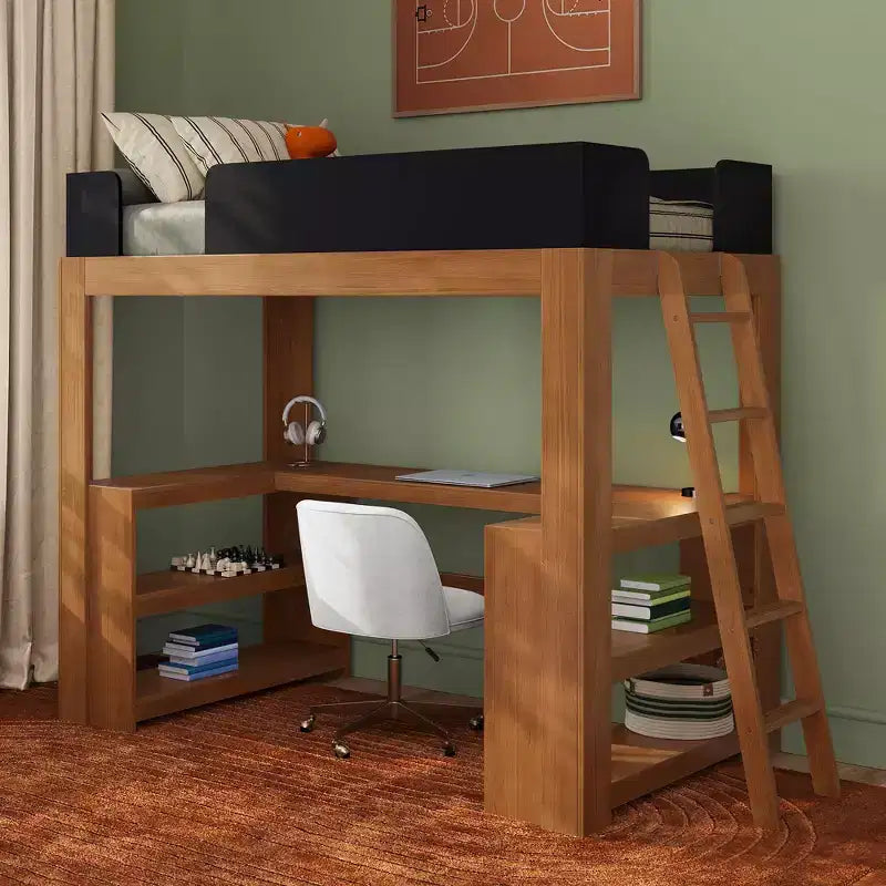 Lit mezzanine double de style Mid-Century Modern avec bureau et étagères intégrés