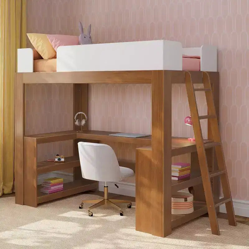 Lit mezzanine double de style Mid-Century Modern avec bureau et étagères intégrés