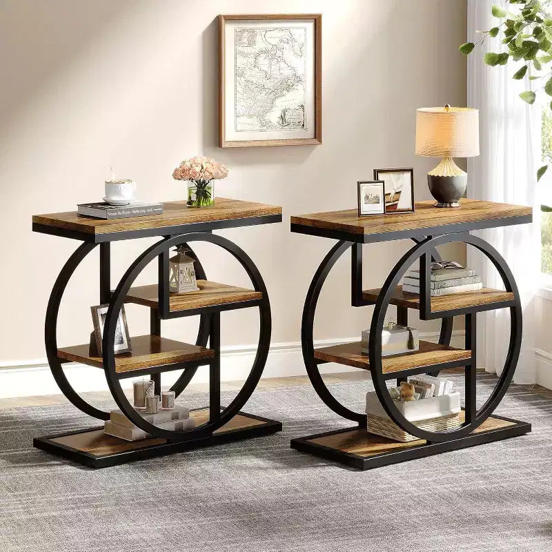 Lantine End Table Set of 2, 4-Tier Narrow Side Table with Storage Shelves, Wood Sofa Side Table for Bedroom, Living Room, Rustic Brown