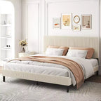 King Size Metal Platform Bed with Headboard, Bandaged Platform Bed Frame ,Antique Beige