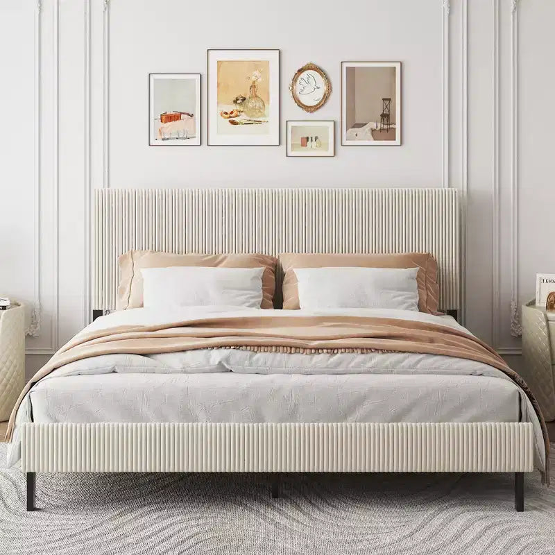 King Size Metal Platform Bed with Headboard, Bandaged Platform Bed Frame ,Antique Beige
