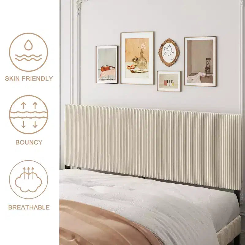 King Size Metal Platform Bed with Headboard, Bandaged Platform Bed Frame ,Antique Beige
