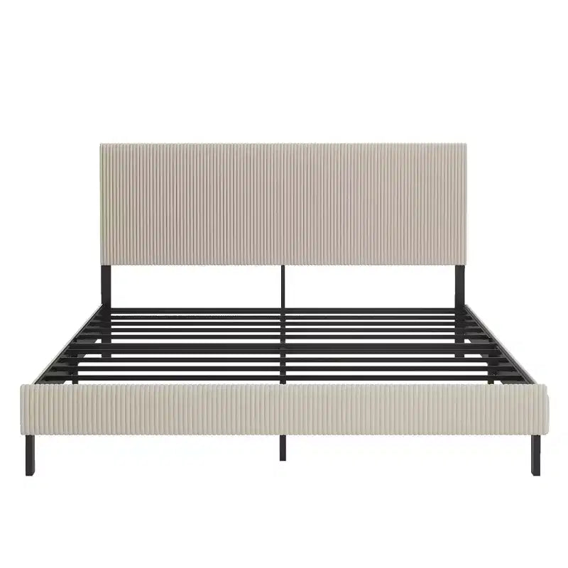 King Size Metal Platform Bed with Headboard, Bandaged Platform Bed Frame ,Antique Beige