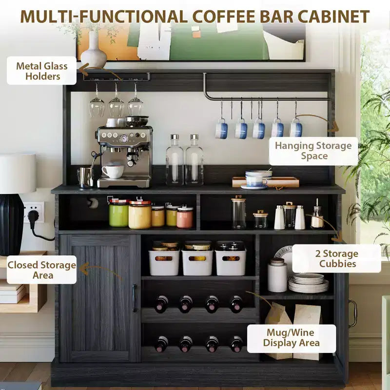 Meuble de bar à café de ferme de 47 pouces avec 5 crochets, porte-gobelets, buffet avec casier à vin, armoire de rangement pour cuisine et salon