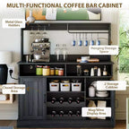 Meuble de bar à café de ferme de 47 pouces avec 5 crochets, porte-gobelets, buffet avec casier à vin, armoire de rangement pour cuisine et salon