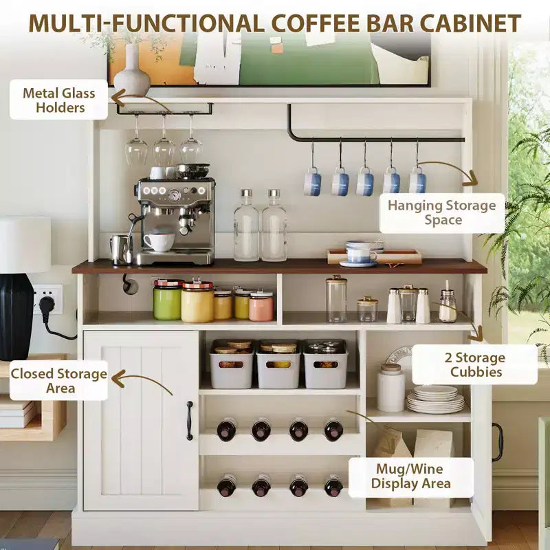 Meuble de bar à café de ferme de 47 pouces avec 5 crochets, porte-gobelets, buffet avec casier à vin, armoire de rangement pour cuisine et salon