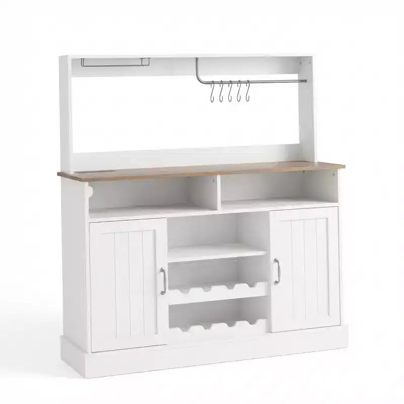 Meuble de bar à café de ferme de 47 pouces avec 5 crochets, porte-gobelets, buffet avec casier à vin, armoire de rangement pour cuisine et salon