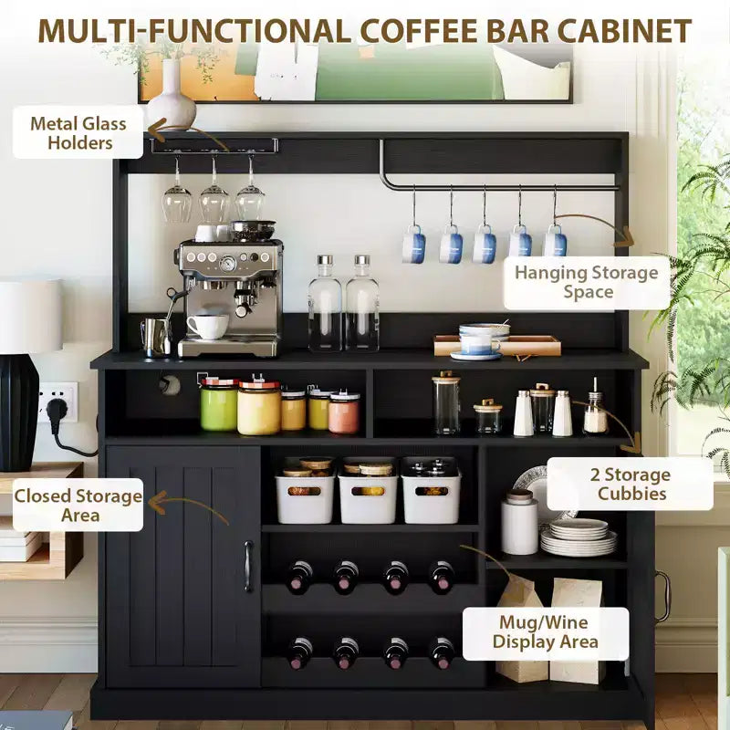 Meuble de bar à café de ferme de 47 pouces avec 5 crochets, porte-gobelets, buffet avec casier à vin, armoire de rangement pour cuisine et salon