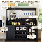 Meuble de bar à café de ferme de 47 pouces avec 5 crochets, porte-gobelets, buffet avec casier à vin, armoire de rangement pour cuisine et salon
