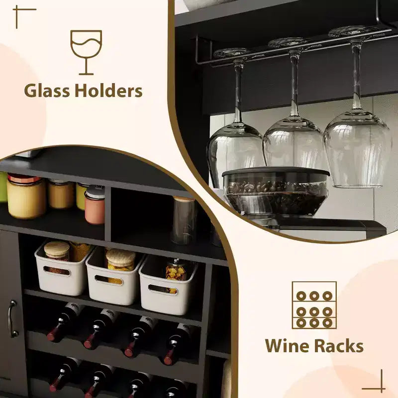 Meuble de bar à café de ferme de 47 pouces avec 5 crochets, porte-gobelets, buffet avec casier à vin, armoire de rangement pour cuisine et salon