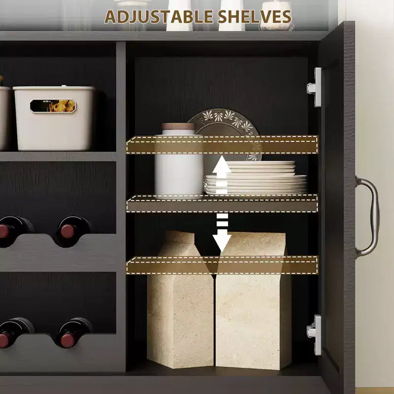 Meuble de bar à café de ferme de 47 pouces avec 5 crochets, porte-gobelets, buffet avec casier à vin, armoire de rangement pour cuisine et salon
