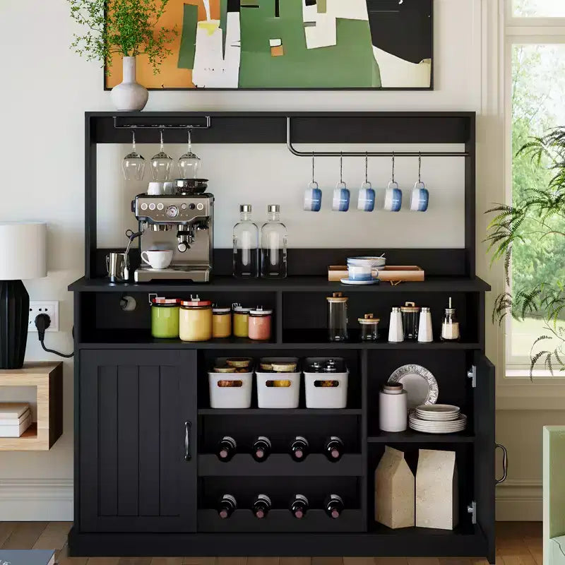 47 Farmhouse Coffee Bar Cabinet with 5 Hooks, Goblet Holder, Sideboard Cabinet with Wine Rack Hutch Storage Cabinet for Kitchen & Living Room