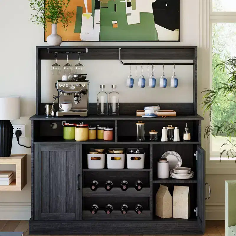 Meuble de bar à café de ferme de 47 pouces avec 5 crochets, porte-gobelets, buffet avec casier à vin, armoire de rangement pour cuisine et salon