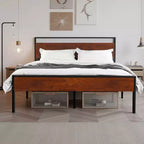 VEVOR Queen Size Bed Frame, Black Metal Platform Bed Frame with Retro Brown Wooden Headboard and Footboard, Large Under-Bed Storage, Brown