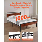VEVOR Queen Size Bed Frame, Black Metal Platform Bed Frame with Retro Brown Wooden Headboard and Footboard, Large Under-Bed Storage, Brown