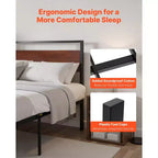 VEVOR Queen Size Bed Frame, Black Metal Platform Bed Frame with Retro Brown Wooden Headboard and Footboard, Large Under-Bed Storage, Brown