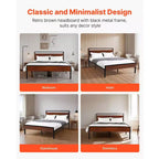 VEVOR Queen Size Bed Frame, Black Metal Platform Bed Frame with Retro Brown Wooden Headboard and Footboard, Large Under-Bed Storage, Brown