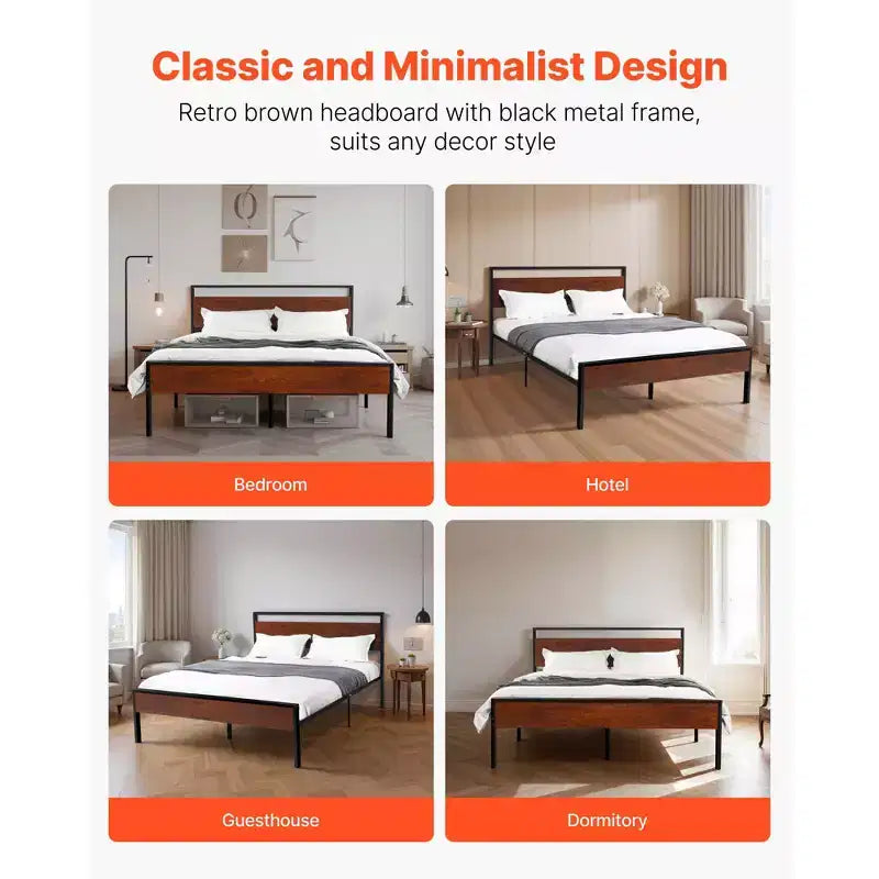 VEVOR Queen Size Bed Frame, Black Metal Platform Bed Frame with Retro Brown Wooden Headboard and Footboard, Large Under-Bed Storage, Brown