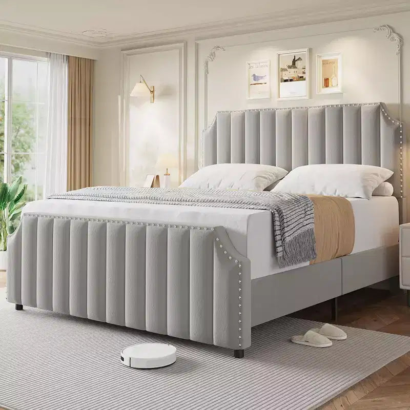 Bed Frame, Velvet Upholstered Bed Frame, High Headboard with Vertical Stitches & Brass Nails, Sturdy Structure, No Box Spring Needed, Easy Assemble