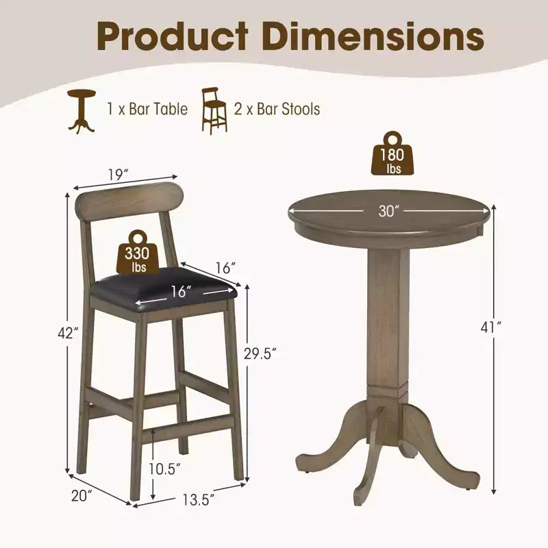 Costway 3 PCS Wood Bar Table Set with Pedestal Base, 2 Armless Stools, Padded Seat, Backrest