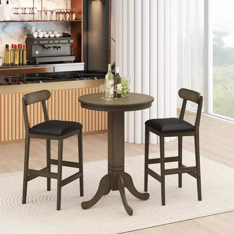 Costway 3 PCS Wood Bar Table Set with Pedestal Base, 2 Armless Stools, Padded Seat, Backrest