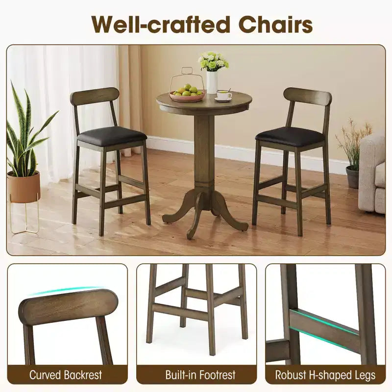 Costway 3 PCS Wood Bar Table Set with Pedestal Base, 2 Armless Stools, Padded Seat, Backrest