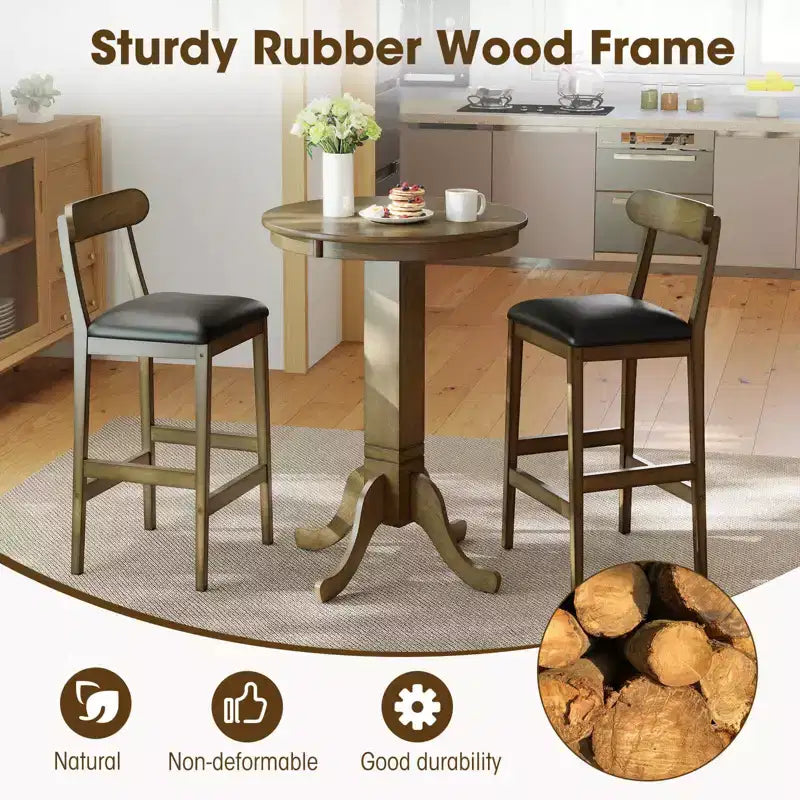 Costway 3 PCS Wood Bar Table Set with Pedestal Base, 2 Armless Stools, Padded Seat, Backrest