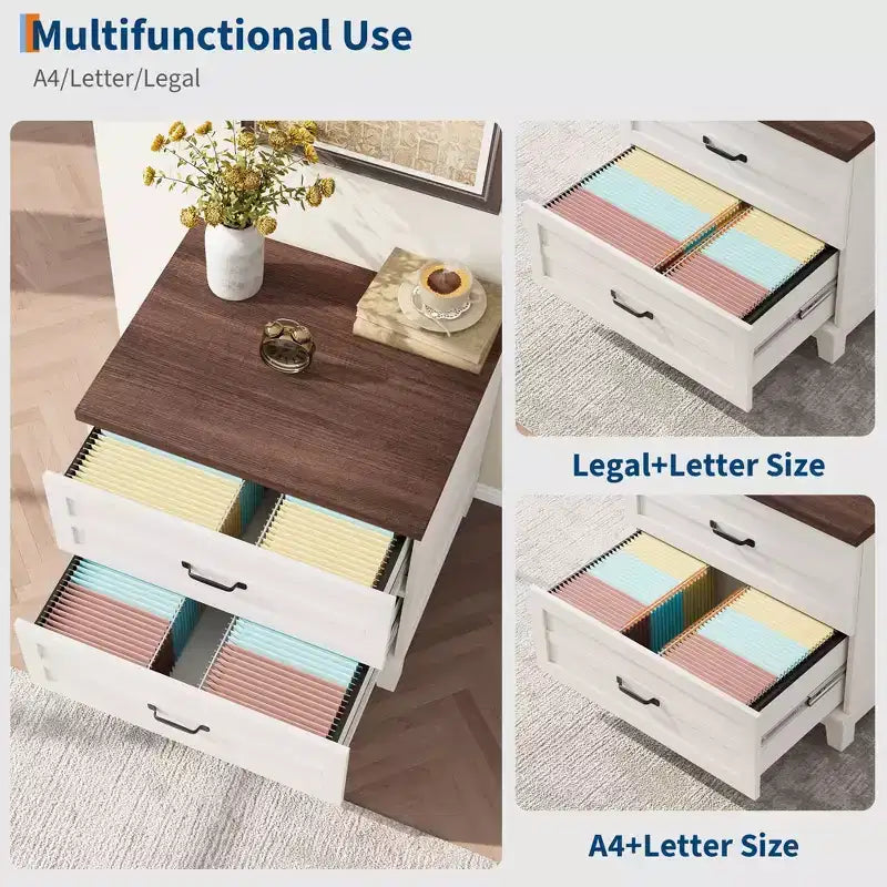 Lateral File Cabinet with 2 Deeper Drawers, Farmhouse Wooden Large Filing Storage Cabinet w/Hanging for Legal/Letter/A4 Size, Thick Tabletop