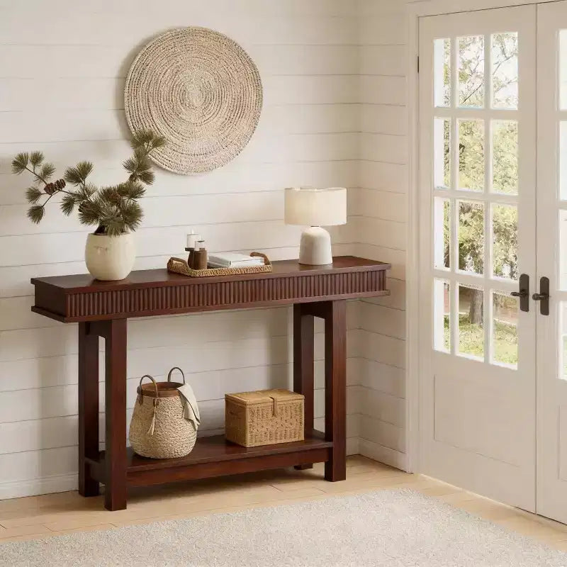 Farmhouse Fluted Console Table, 2-Tier Wooden Entryway with Shelf, Narrow for Behind Couch, Foyer, Hallway, Living Room