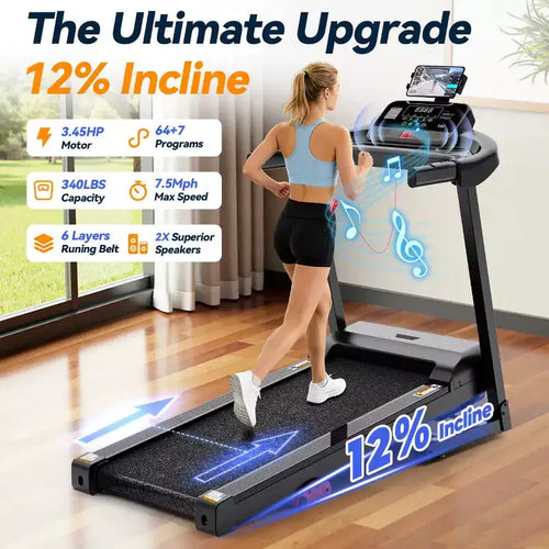 12% Incline Treadmill with Handle, 3.45HP Portable Treadmills for Home, Foldable Treadmills with 340 LBS Capacity, 3-in-1 Quiet Walking Pad Treadmill