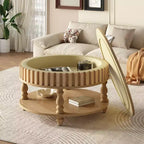 JVNOXK Mid Century Modern Fluted Coffee Table with Storage, Natural Wood Finish Center Table with Flip-Top Lid and Solid Wood Legs for Living Room