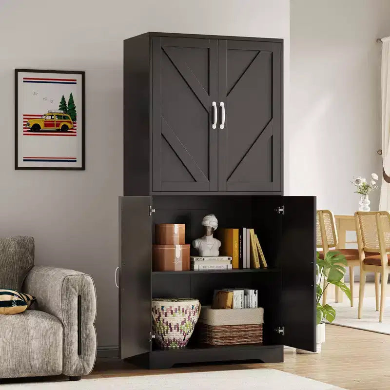 Kitchen Pantry Cabinet with Sliding Barn Doors & Adjustable Shelves - Freestanding Storage for Dining Room & Living Room
