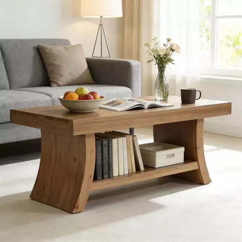 Table basse de ferme Lantine de 120 cm avec étagère de rangement, table centrale en bois massif de style Mid-Century moderne avec base incurvée pour salon, noyer