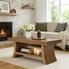 Table basse de ferme Lantine de 120 cm avec étagère de rangement, table centrale en bois massif de style Mid-Century moderne avec base incurvée pour salon, noyer