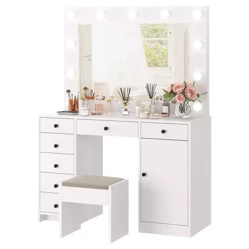 47 Makeup Vanity with Mirror, 7 Storage Drawers & 1 Door, Modern Wooden Dressing Table, for Home, Living Room