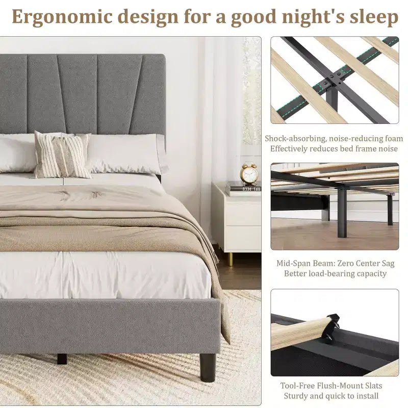Twin Size Platform Bed Frame with Adjustable Headboard, Linen Upholstered Frame with Wooden Slats - No Box Spring Needed, Easy Assembly