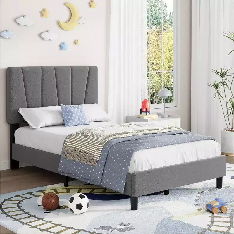 Twin Size Platform Bed Frame with Adjustable Headboard, Linen Upholstered Frame with Wooden Slats - No Box Spring Needed, Easy Assembly