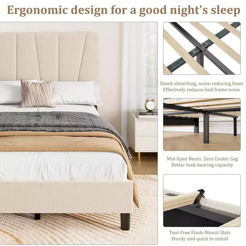 Twin Size Platform Bed Frame with Adjustable Headboard, Linen Upholstered Frame with Wooden Slats - No Box Spring Needed, Easy Assembly