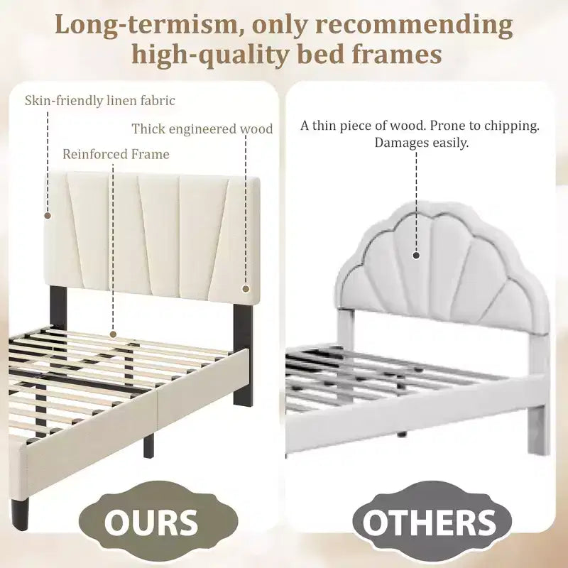 Twin Size Platform Bed Frame with Adjustable Headboard, Linen Upholstered Frame with Wooden Slats - No Box Spring Needed, Easy Assembly
