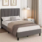 Twin Size Platform Bed Frame with Adjustable Headboard, Linen Upholstered Frame with Wooden Slats - No Box Spring Needed, Easy Assembly