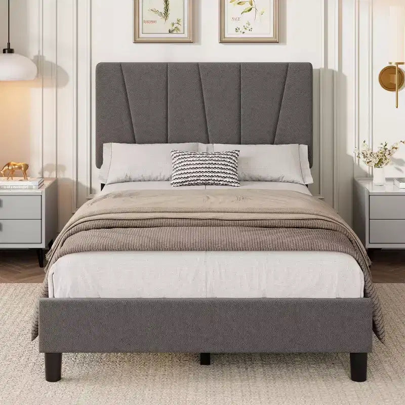 Twin Size Platform Bed Frame with Adjustable Headboard, Linen Upholstered Frame with Wooden Slats - No Box Spring Needed, Easy Assembly