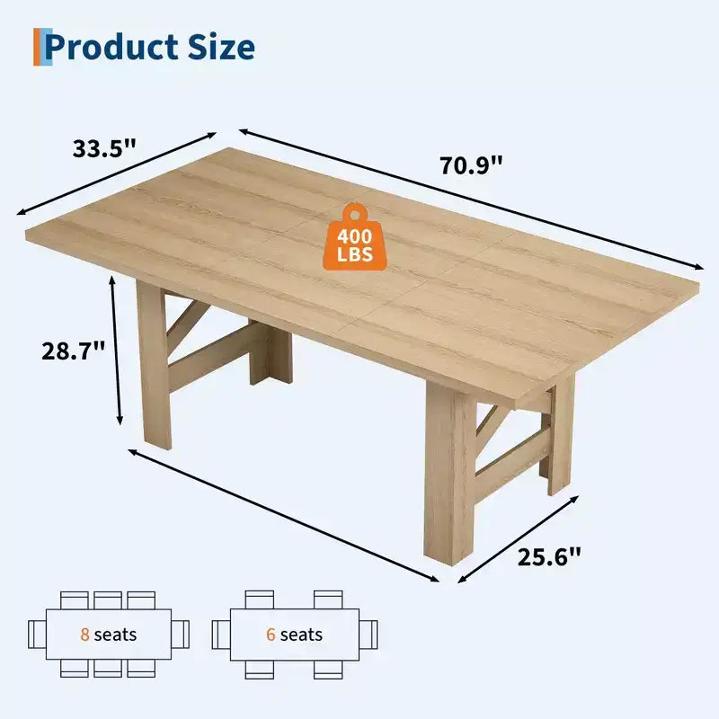Table à manger rectangulaire de ferme de 180 cm pour 6-8 personnes, avec cadre en acier robuste en forme de X et plateau épais aspect bois, idéale pour les réunions de famille.