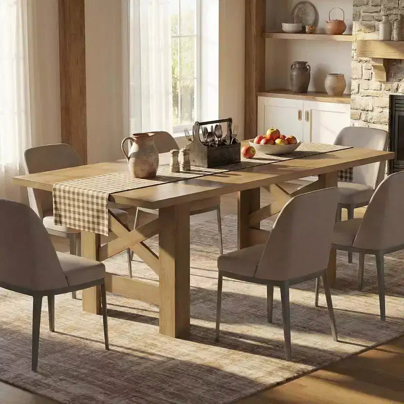 Table à manger rectangulaire de ferme de 180 cm pour 6-8 personnes, avec cadre en acier robuste en forme de X et plateau épais aspect bois, idéale pour les réunions de famille.