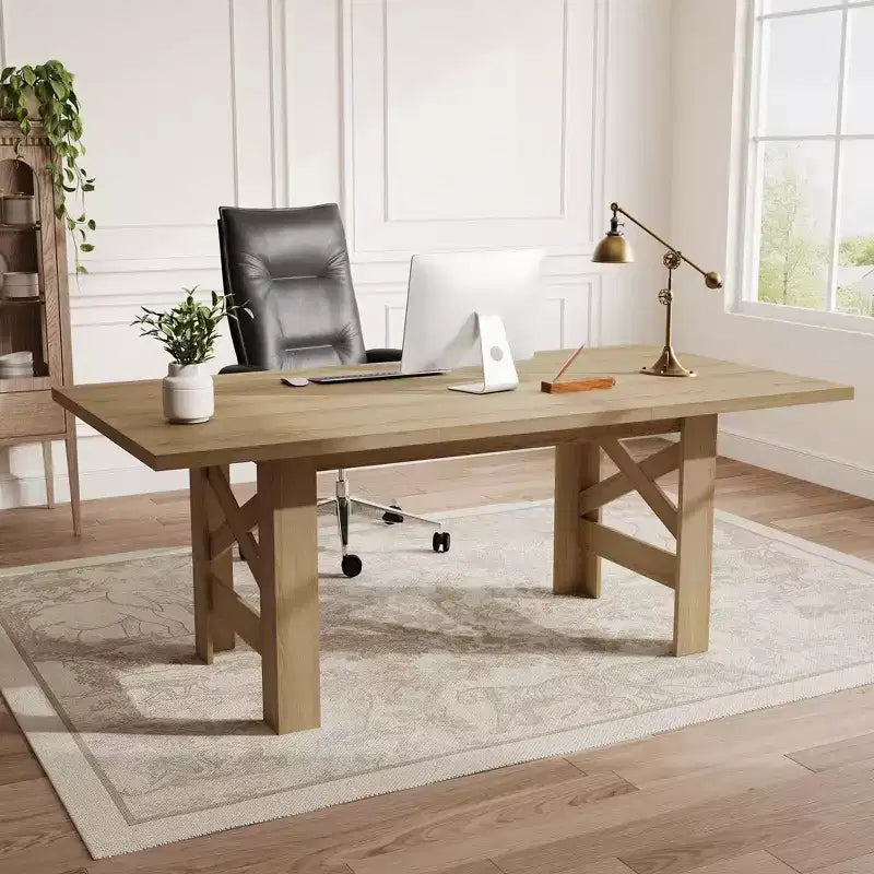 Table à manger rectangulaire de ferme de 180 cm pour 6-8 personnes, avec cadre en acier robuste en forme de X et plateau épais aspect bois, idéale pour les réunions de famille.