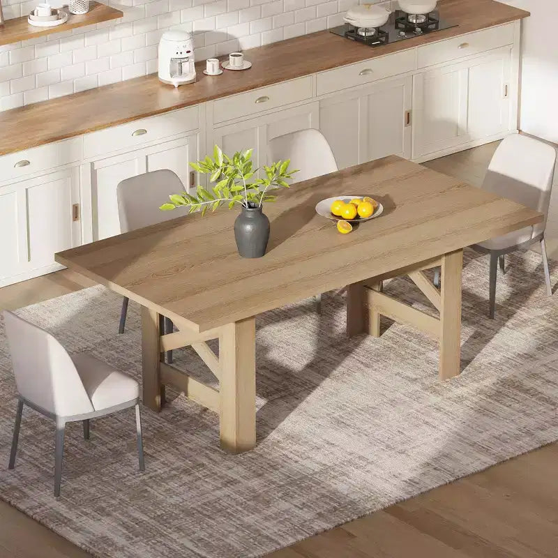 Table à manger rectangulaire de ferme de 180 cm pour 6-8 personnes, avec cadre en acier robuste en forme de X et plateau épais aspect bois, idéale pour les réunions de famille.