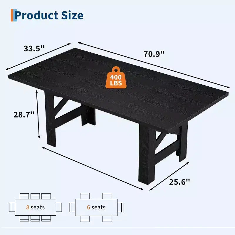 Table à manger rectangulaire de ferme de 180 cm pour 6-8 personnes, avec cadre en acier robuste en forme de X et plateau épais aspect bois, idéale pour les réunions de famille.