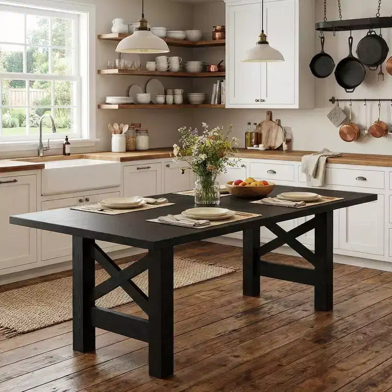 Table à manger rectangulaire de ferme de 180 cm pour 6-8 personnes, avec cadre en acier robuste en forme de X et plateau épais aspect bois, idéale pour les réunions de famille.